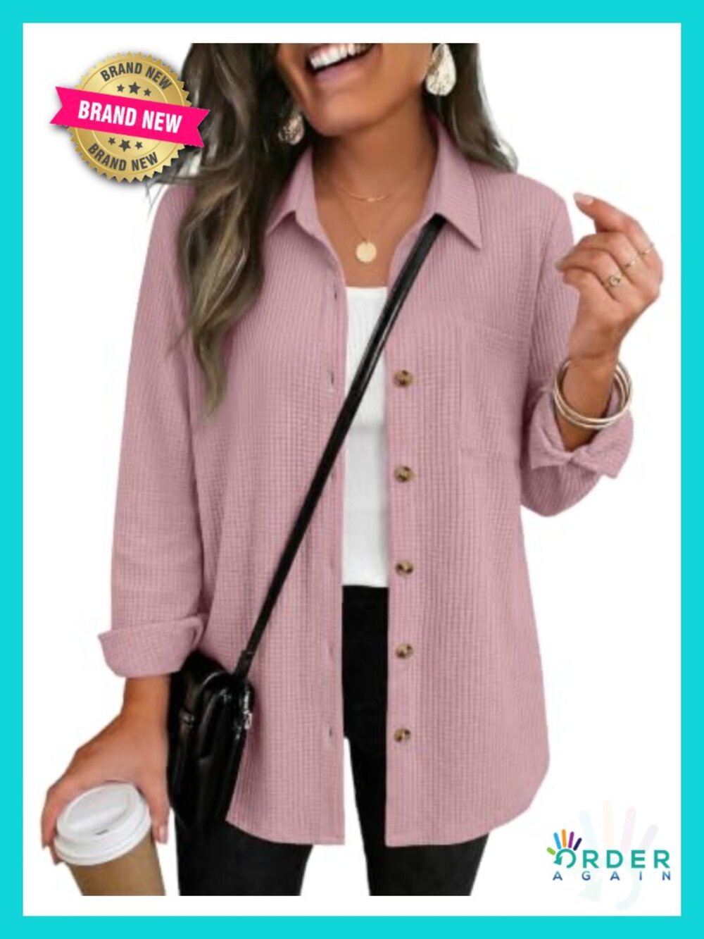 Waffle Knit Shacket Button Down Long Sleeve Top with Pocket